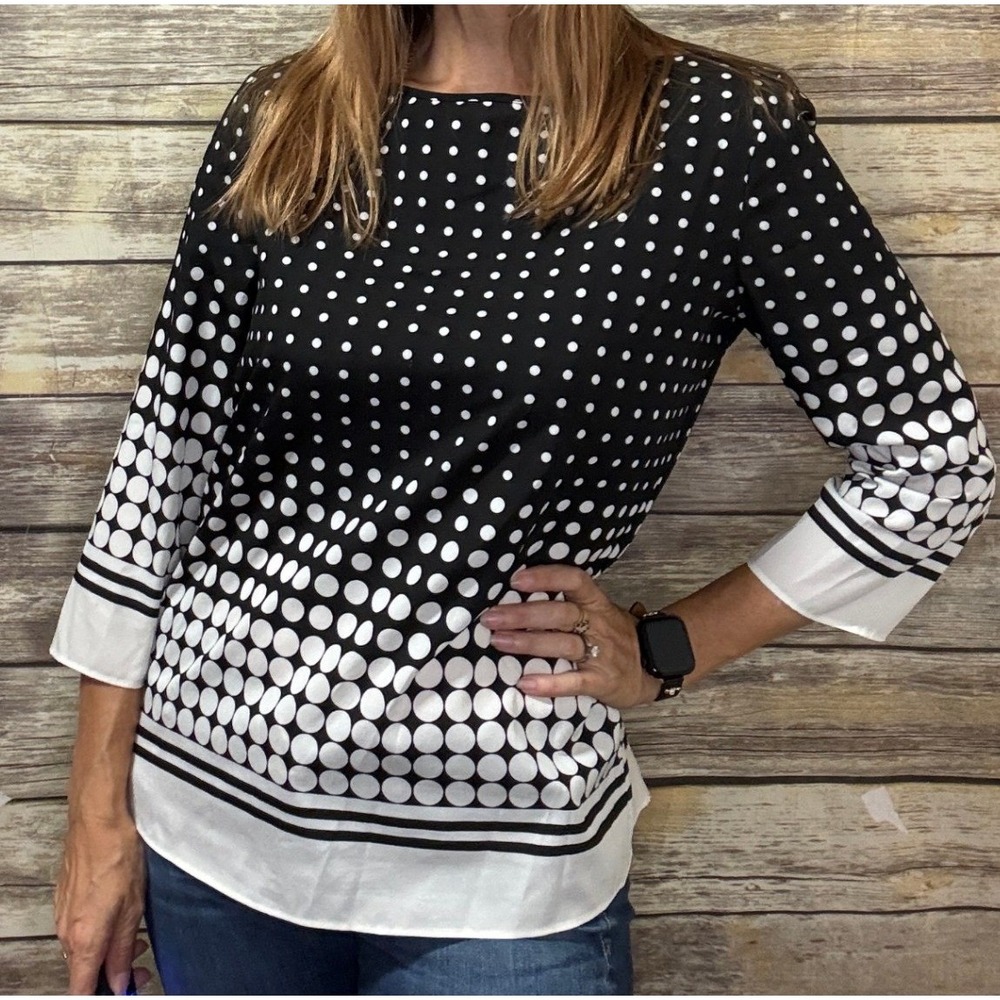 New York & Company Black White Polka Dot 3/4 Sleeve Blouse Boat Neck S Small Mod